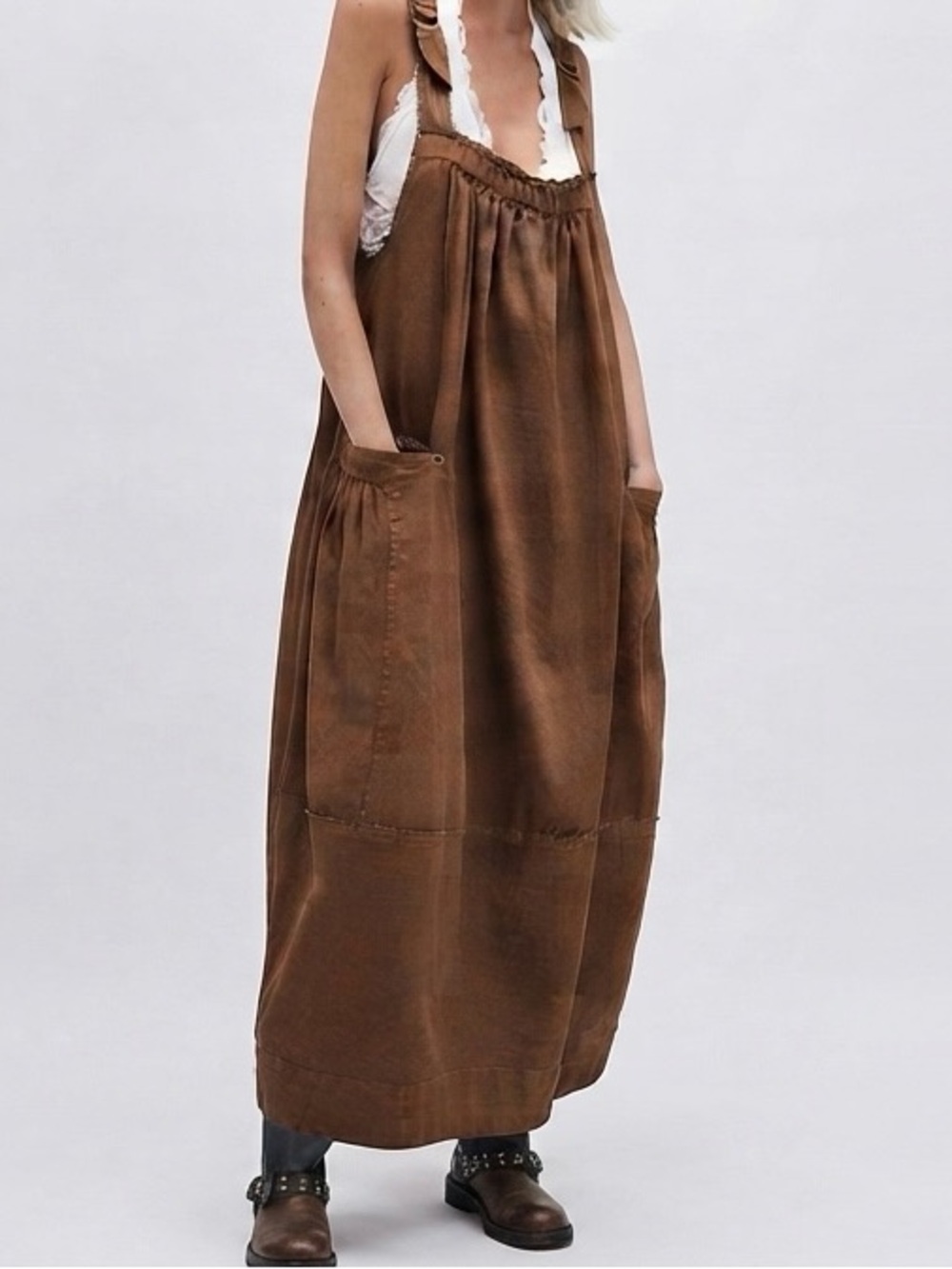 Free People Machu Barrel Overall Dress Brown Hard to Find